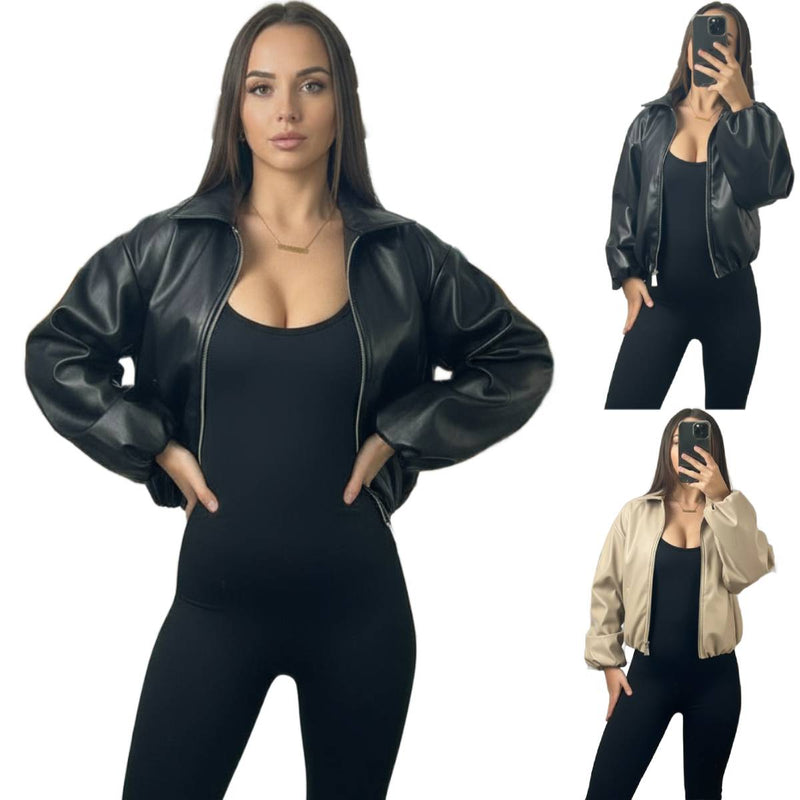 Women's PU Faux Leather Bomber Jacket with Stand Collar