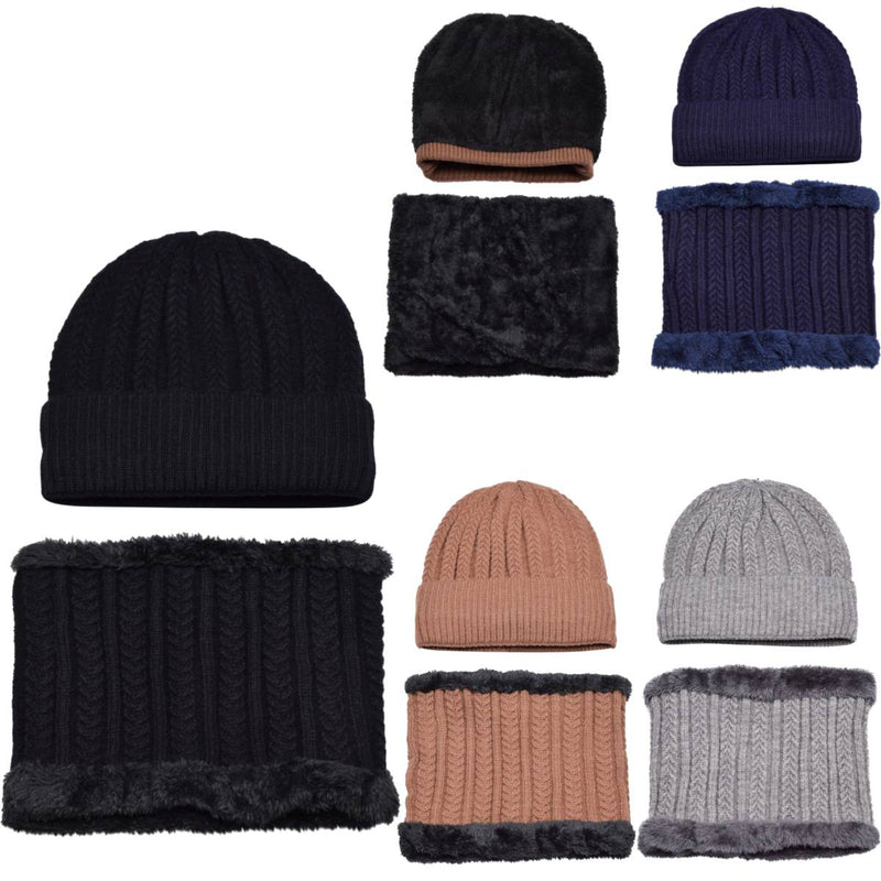 Unisex Fur Lined Cable Knit Beanie Hat And Neck Warmer Set