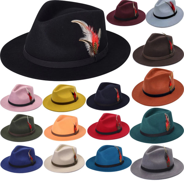 Unisex Wide Brim Felt Wool Fedora Feather Hat Sunshade Festival Trilby Hats