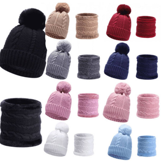 Unisex fur lined Knit hat and scarf set winter beanie wool Cap One Size