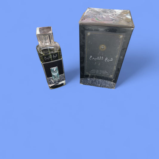 Perfume bottle and its packaging on a blue background
