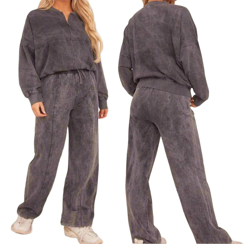 Women's Acid Wash Fleece Front Zip Bomber Sweatshirt & Joggers Loungewear Co-Ord Set