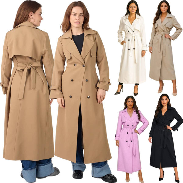 Women Trench Coat Double Breasted Button With Belt Long Duster Waterfall Jacket