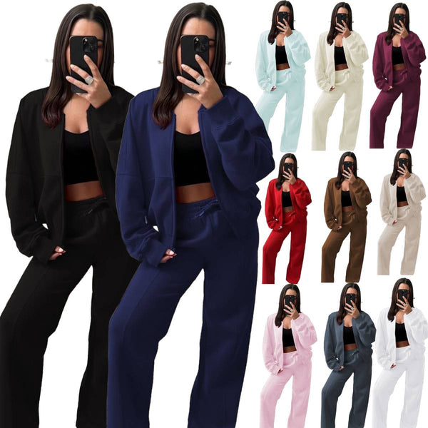 Women's Bomber Oversized Fleece Zipper and Wide Leg Trouser Tracksuit