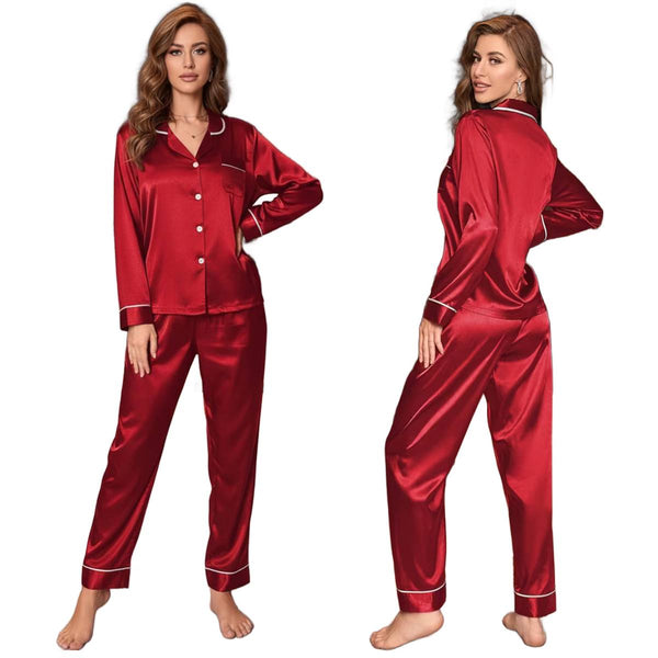 Women's Cardigan with Satin Color D Collar Trousers Long Sleeve Pajama Set