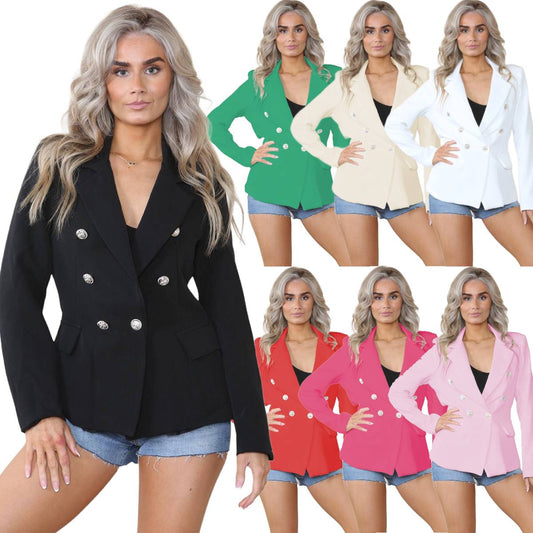 Women's Fitted Linned Double Gold Button Coat Collared Blazer Jacket