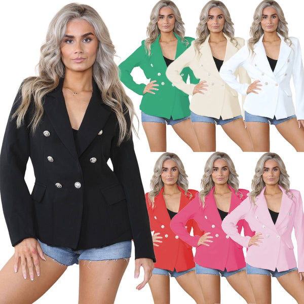 Women's Fitted Linned Double Gold Button Coat Collared Blazer Jacket