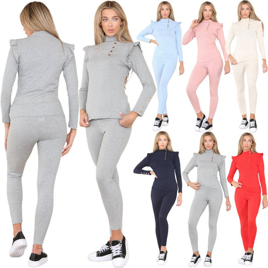 Women's Frill Shoulder Side Neck Gold Button Detail Two Piece Loungewear Set