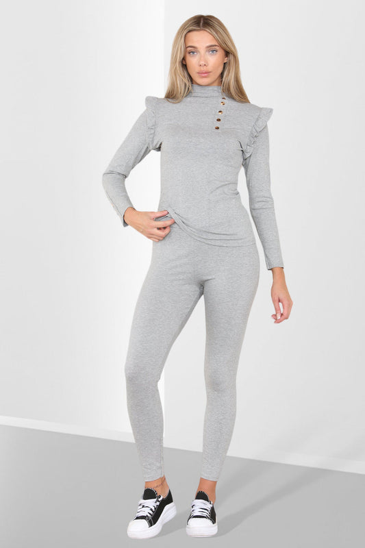 Women's Frill Shoulder Side Neck Gold Button Detail Two Piece Loungewear Set