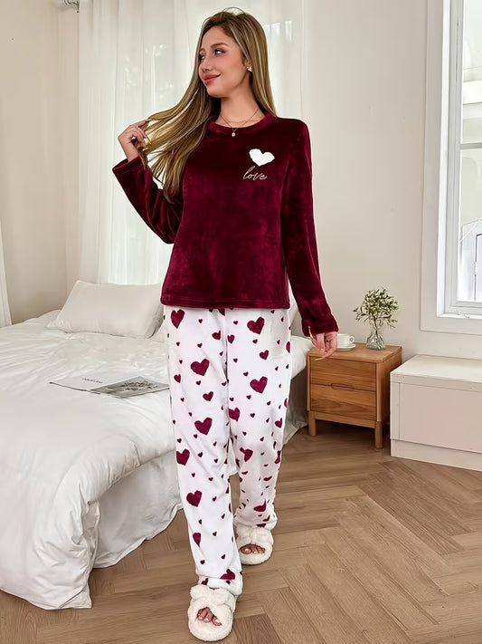 Women's Pajama Set Round Neck Top & Heart Print Trousers Comfortable Set