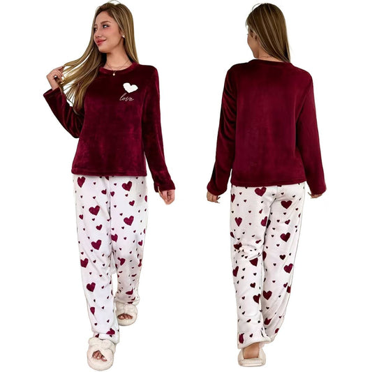 Women's Pajama Set Round Neck Top & Heart Print Trousers Comfortable Set