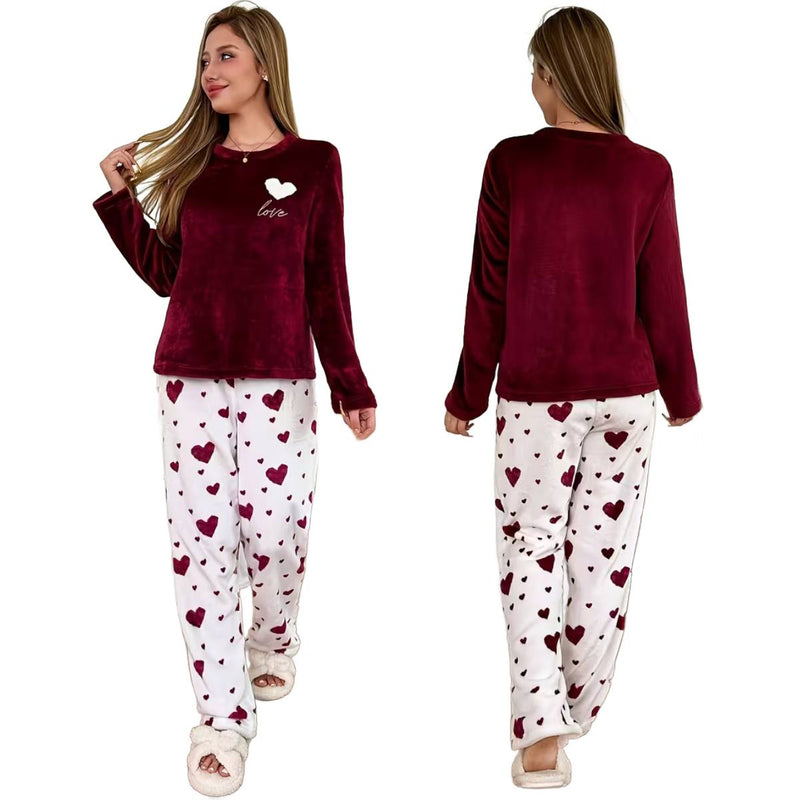 Women's Pajama Set Round Neck Top & Heart Print Trousers Comfortable Set