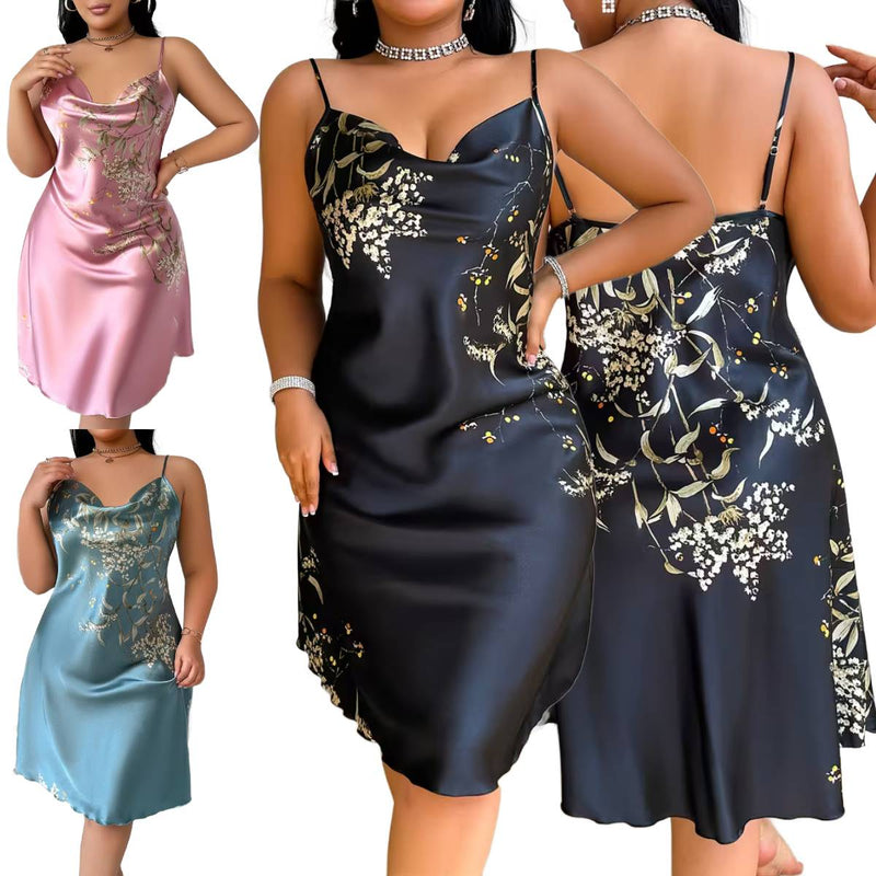 Women's Pile Collar Fashion Printed Faux Night Suit Camisole Nightgown Plus Size
