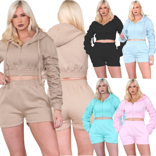 Women's Ruched Sleeves Cropped Zip Up Elasticated Hem Hooded & Shorts Co-Ord Set