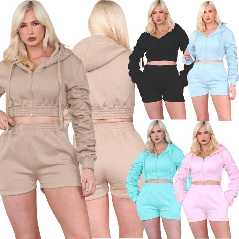 Women's Ruched Sleeves Cropped Zip Up Elasticated Hem Hooded & Shorts Co-Ord Set