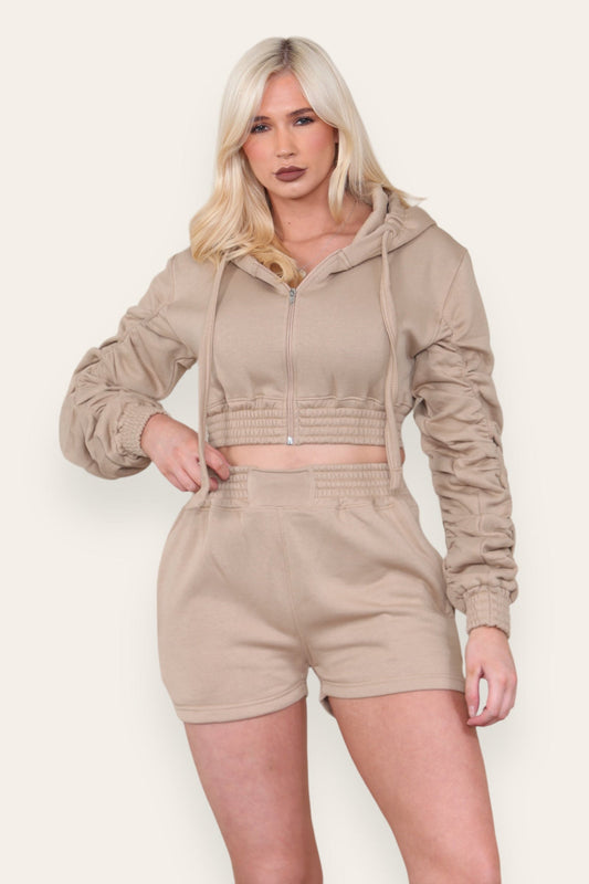 Women's Ruched Sleeves Cropped Zip Up Elasticated Hem Hooded & Shorts Co-Ord Set