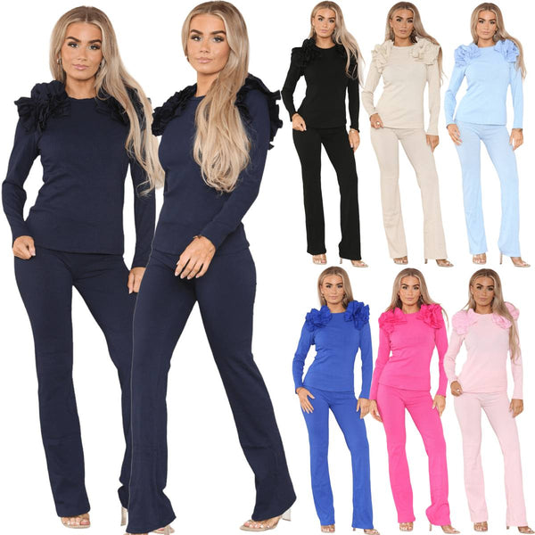 Women's Ruffle Frill Shoulder Ribbed Loungewear Co-Ord Top & Trouser Set