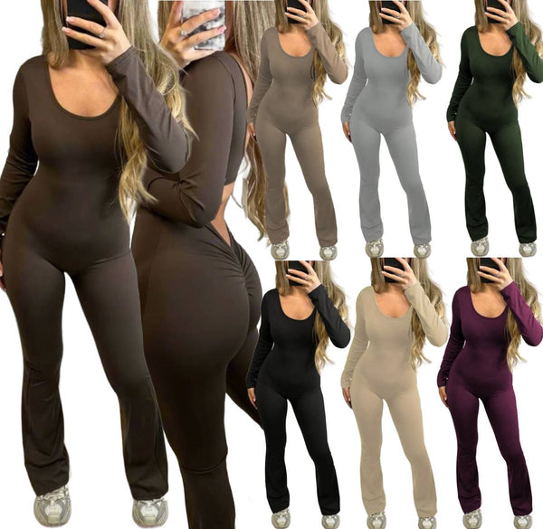 Women's Shape Up Round Neck Long Sleeves Flared Leg Ruched Unitard Jumpsuit