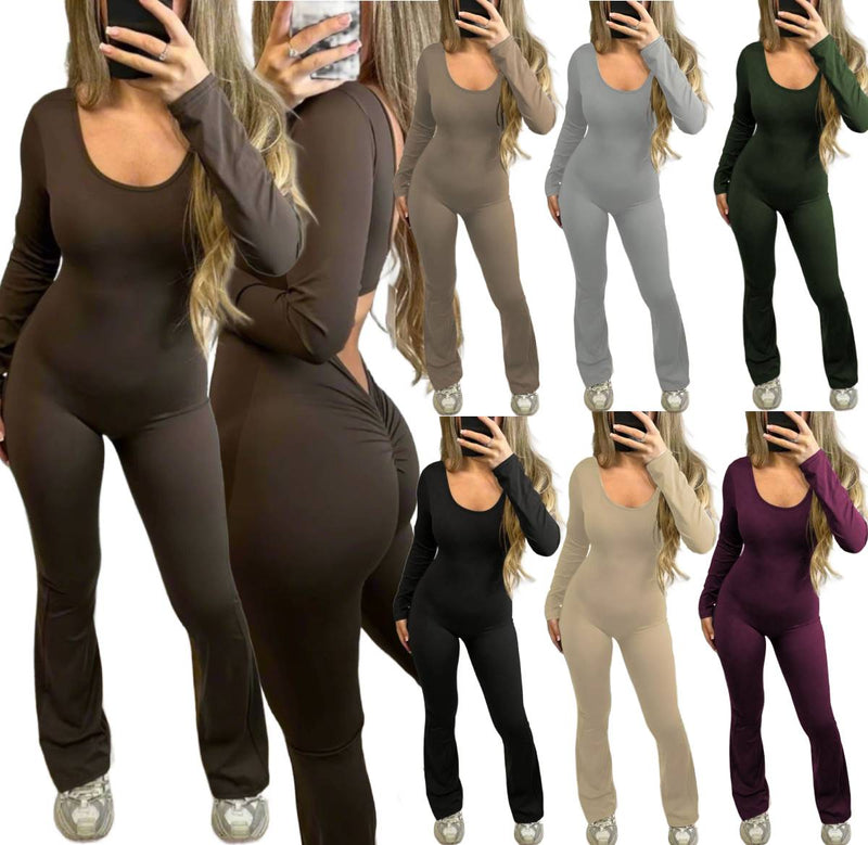 Women's Shape Up Round Neck Long Sleeves Flared Leg Ruched Unitard Jumpsuit