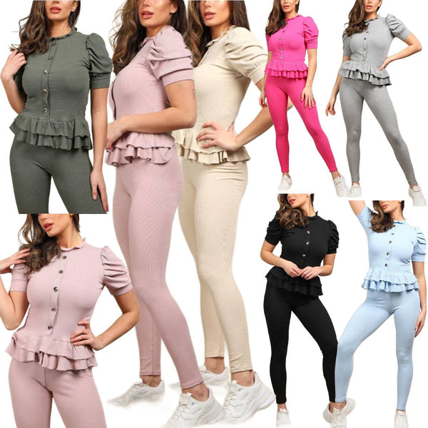 Women's Short Sleeves With Ribbed Legging Co-Ord Top Gold Button Frill Tracksuit Set
