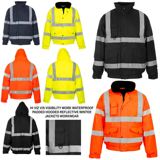 Hi Viz Men's Waterproof Padded Hooded Reflective Work Wear Bomber Jacket
