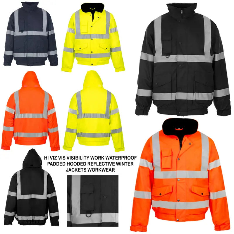 Hi Viz Men's Waterproof Padded Hooded Reflective Work Wear Bomber Jacket