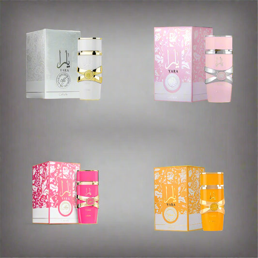 Collage of Yara perfume bottles and boxes in different colors on a gray background