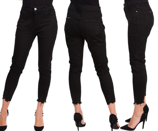Women's Skinny Bottom Frayed Jeans Ladies Denim Pants Mid Waist Trousers